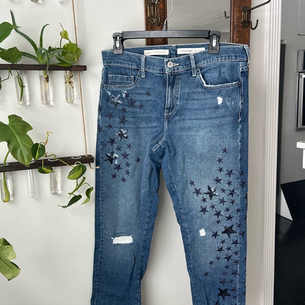 Anthropologie Pilcro Slim Boyfriend Women's Blue Star Embroidered Jeans